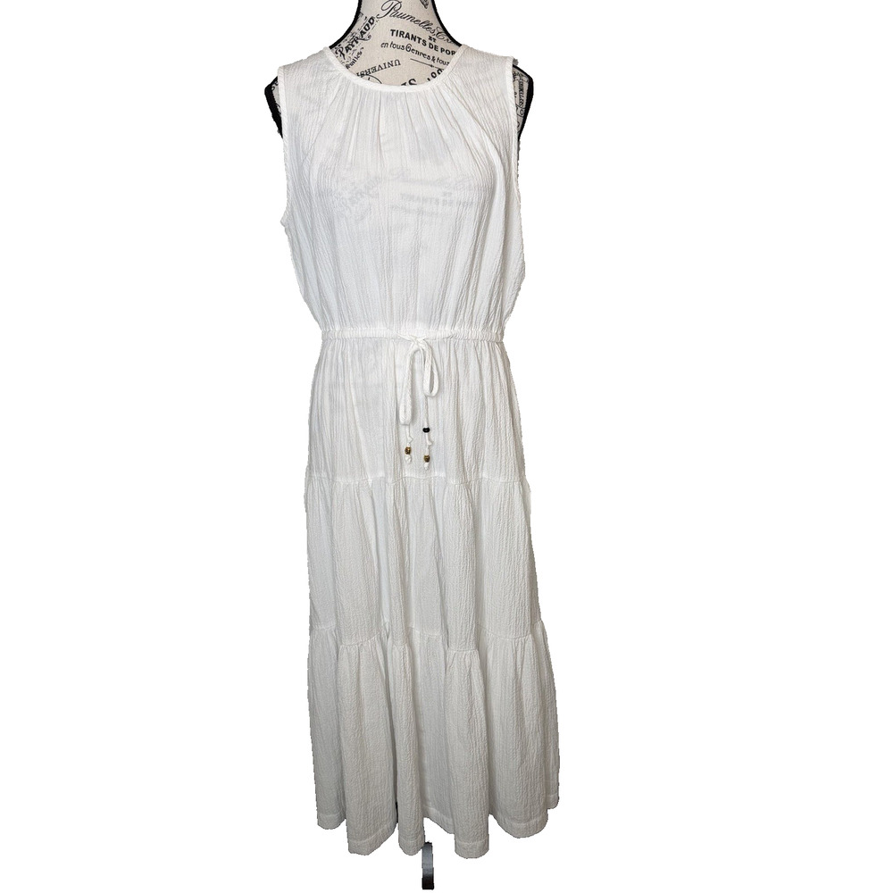 Calvin Klein White Sleeveless Maxi Size 10 Tie Above Waist Tiered Skirt Flowy